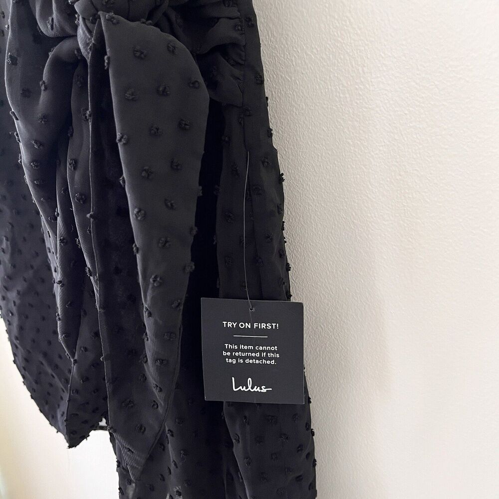 Lulus Black Swiss Dot Mini Wrap Dress - Medium - Picture 5 of 12